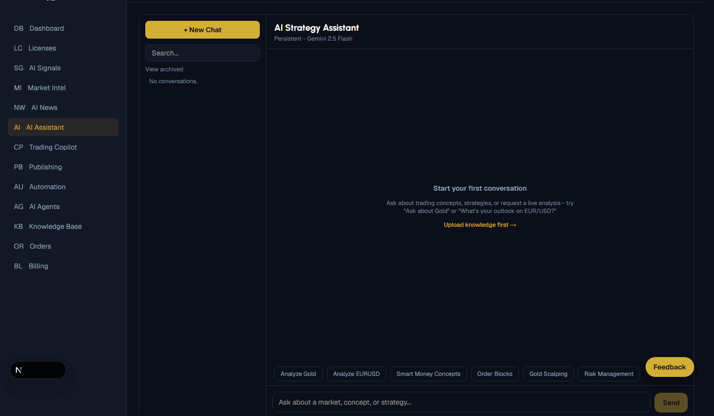 The AI Assistant workspace — grounded, evidence-based answers with quick prompts for markets and concepts.